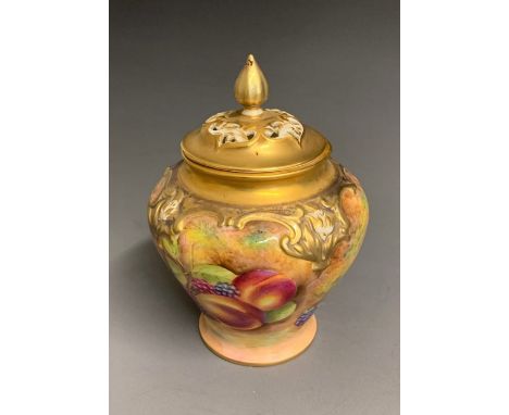 A Royal Worcester vase and cover, painted with fruit, No.279, signed Leaman, 20th Century black mark  Made in England, 15cm h