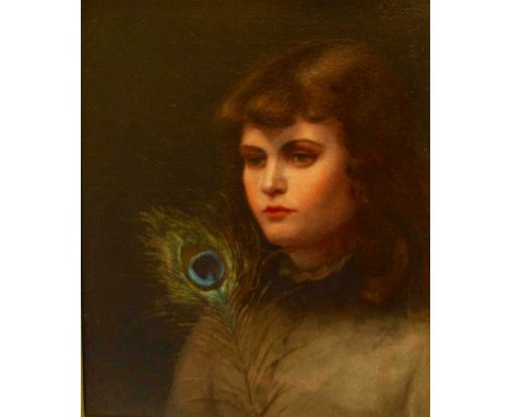 English School, late 19th Century, portrait of a girl, bust length holding a peacock feather, oil on canvas, 30.5 by 26.5cm, 