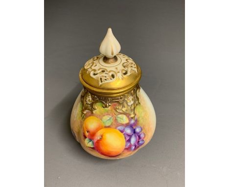 A Royal Worcester vase and cover, painted with fruit, No. 219A, signed G. Banks, 20th Century black mark England, 14.5cm high