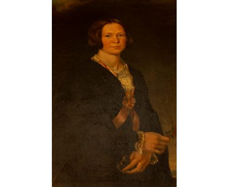 English School, circa 1850, portrait of a lady, three quarter length, in black holding a sprig of fuchsia, a river landscape 