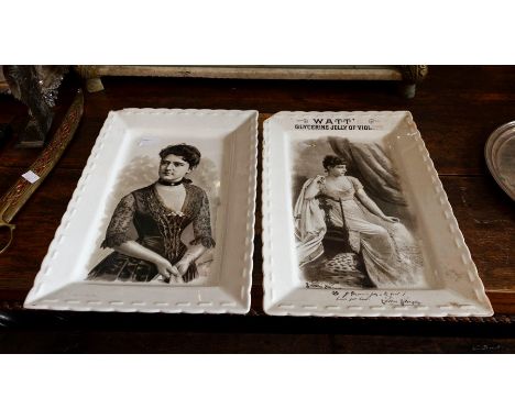 A pair of white ceramic trays, with illustrations of Mrs Frances Cleveland, the American first lady, and Lily Langtree, the a