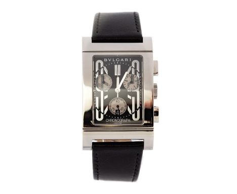 Bulgari, a recent Bulgari polished steel chronograph wristwatch, 3cm rectangular black dial with three subsidiary dials, blac