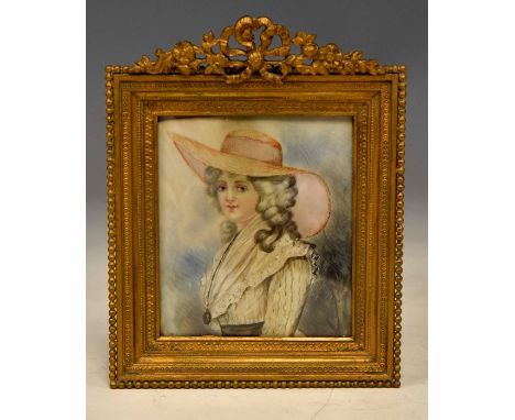 An Edwardian portrait miniature of a lady in 18th Century costume, on ivory, 8cm by 7cm, in a gilt metal frame