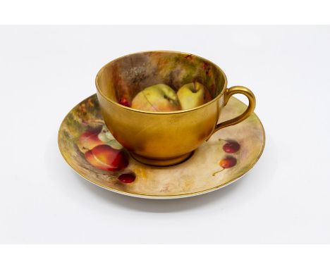 A Royal Worcester fruit painted cup and saucer, signed Ricketts (cup broken and repaired).