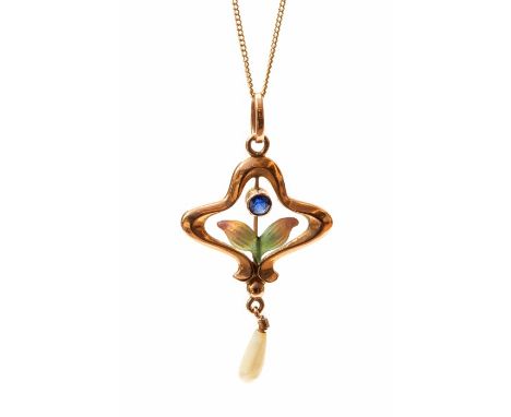 An Edwardian enamel pendant, the 9ct rose gold surround encasing a blue collet set paste stone, with semi translucent pink an