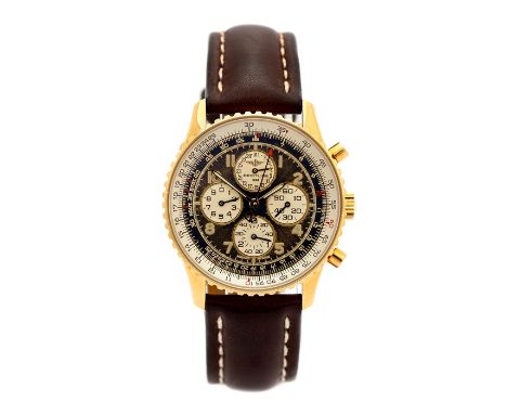 Breitling, an 18ct gold Breitling Navitimer 92 chronograph wristwatch, 3.5cm circular black dial with rotating bezel, four su
