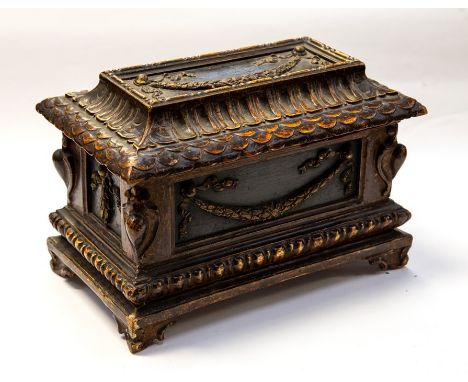 An 18th/early 19th Century Italian table top cassonne, of neo-classical design, softwood painted and gilt on gesso, decorated