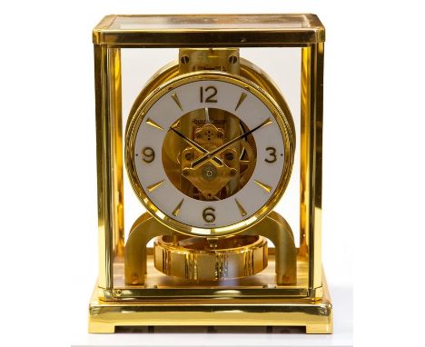 A Jaeger Le Coultre brass framed Atmos bracket timepiece, Serial No.345158, height 22cm