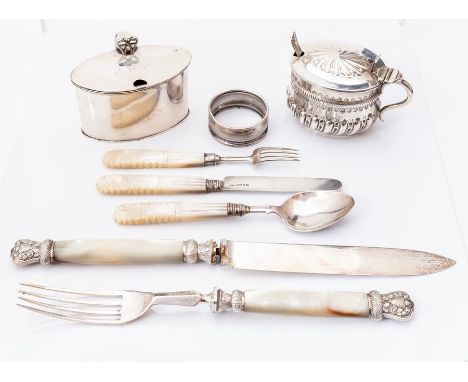 A collection of silver including: a William IV silver three piece cutlery suite, comprising knife, spoon and four prong fork,