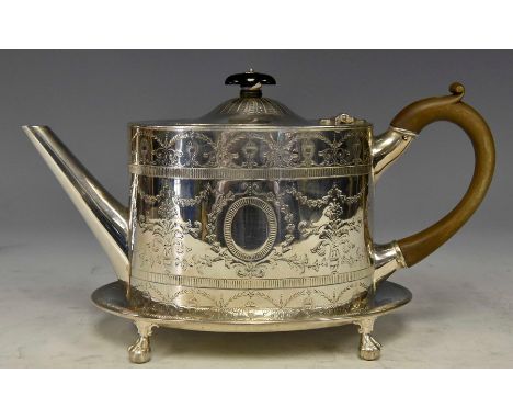 A George III Neo-Classical silver-plate teapot and stand, oval body the top and base engraved with urns, swags and foliage ab