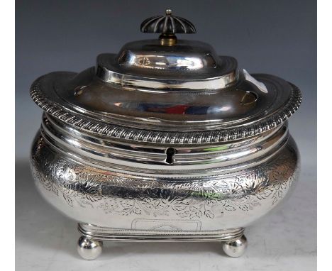 ***AWAY COLLECTED BY VENDOR 09/04***A George III silver tea caddy, bombe shaped with gadroon border, the body engraved with a