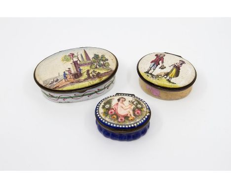 An 18th Century Bilston type enamel oval patch box, circa 1780, the cover with an overpainted transfer of figures in a classi