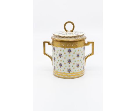 A Derby porcelain chocolate cup and cover, circa 1800, twin handled, wheat sheaf, star and polka dot design, puce marks, fini