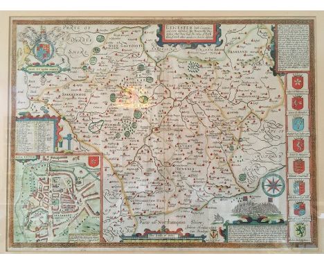 Speed, John (1552-1629). 17th-century map of Leicestershire, hand-coloured copper engraving on laid/chain-lined paper, featur