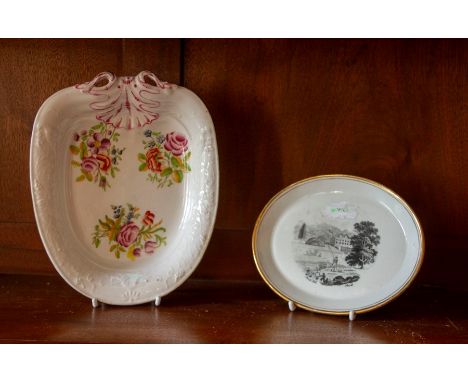 An English porcelain dessert dish with floral bouquets, along with a teapot stand featuring Bush Hill park (2)