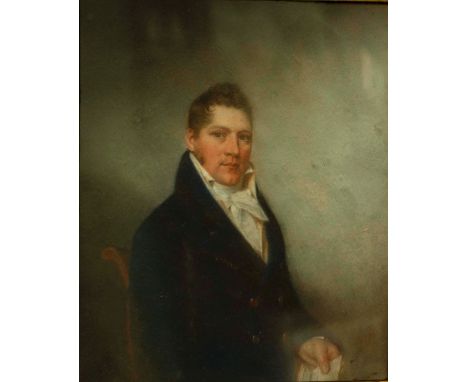 Attributed to John Raphael Smith R.A. (British, 1752-1812), portrait of a gentleman, half length seated in a blue&nbsp;coat a