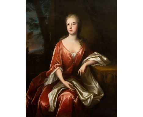 Attributed to Jonathan Richardson (British, 1665-1745), portrait of lady, three-quarter length, in a red dress, in a landscap