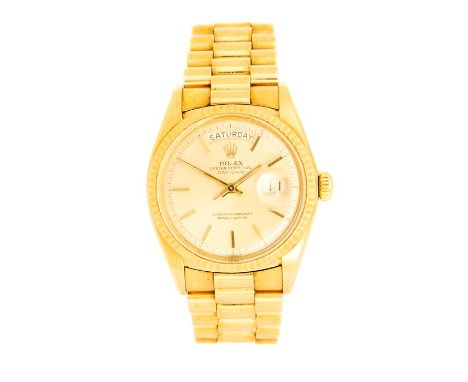 Rolex, a circa 1973 gents 18ct gold Rolex Oyster Perpetual Day Date wristwatch, Model No.1803, 3cm circular dial with baton n