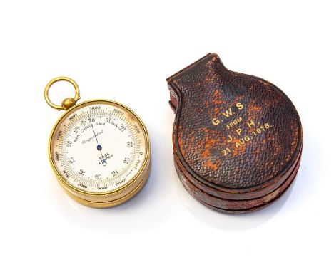 A WWI Ross of London gilt metal pocket barometer, compass and thermometer combined, diameter 5cm, in the original leather cas