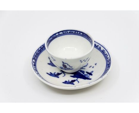 A Caughley miniature blue and white teabowl and saucer in the 'Island' pattern, circa 1780, blue S mark to base, tea bowl 4.3