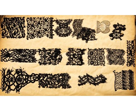 Three large folios containing samples of lace, one book contains examples of machine made lace, trimmings and motifs, also ha