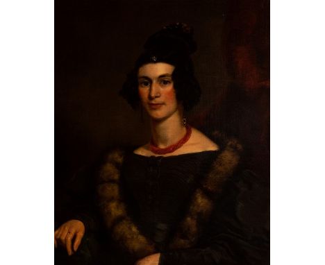 Ramsay Richard Reinagle, R.A. (British, 1775-1862), portrait of a lady, half length, in a black fur lined dress and coral nec