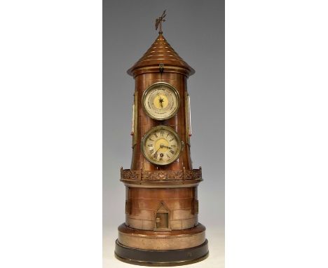 A late 19th Century novelty bronzed desk clock and barometer combined, in the form of a windmill with sails (s.d), weather va