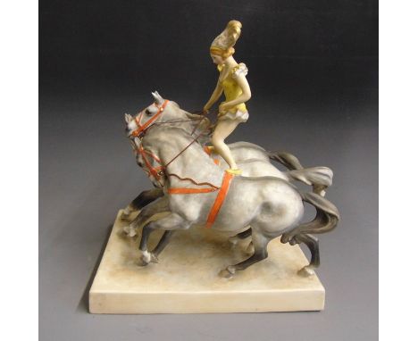 Doris Lindner for Royal Worcester, ‘In The Ring’, featuring an equestrian rider astride three galloping horses, Number 3180, 