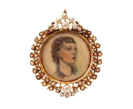 A 1930's portrait miniature yellow gold seed pearl set double pin brooch, the centre portrait miniature of a young lady, beze