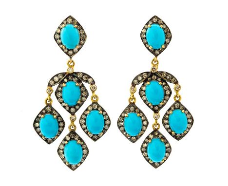 A pair of turquoise drop earrings, the oval cabochon turquoise stones each measuring  approx. 8mm x 6mm, with a surround of d