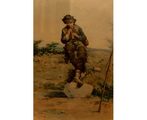Guerrino Guardabassi (Italian, 1841-1893), boy playing a pipe, signed and inscribed Roma l.l., watercolour, 48 by 36cm, in a 