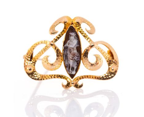 A circa 1890 Arts & Crafts design opal cameo set brooch, the yellow gold brooch attributed to Wilhelm Schmidt, the central ma