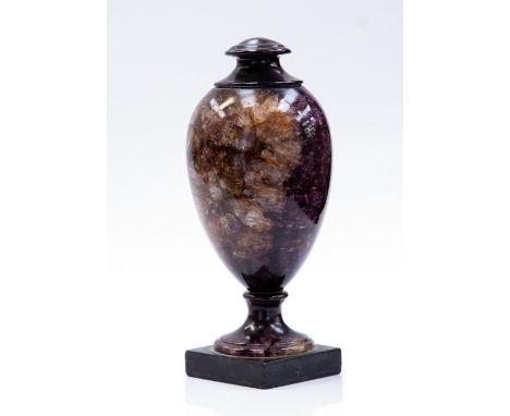 A 19th Century Blue John urn section, unassociated circular finial, circular socle, Ashford marble plinth, full height 18cm