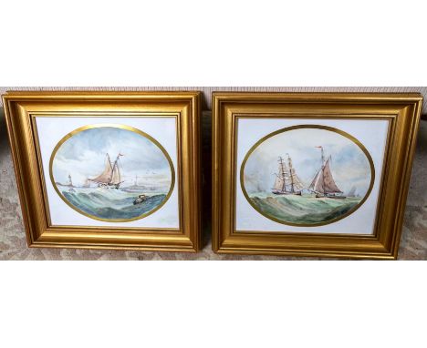 A pair of oval Derby porcelain plaques painted by&nbsp;W.E.J. Dean, each with a shipping scene, 18cm by&nbsp;23cm, framed (2)