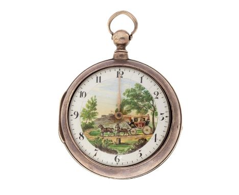 Cohen & Job, Hastings, a George III silver fusee pair case pocket watch, 5cm enamel dial with a coaching scene, movement No.6