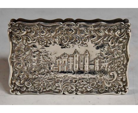 Nathaniel Mills: A Victorian&nbsp;castle top silver table snuff box / table card case, the hinged cover depicting Abbotsford 