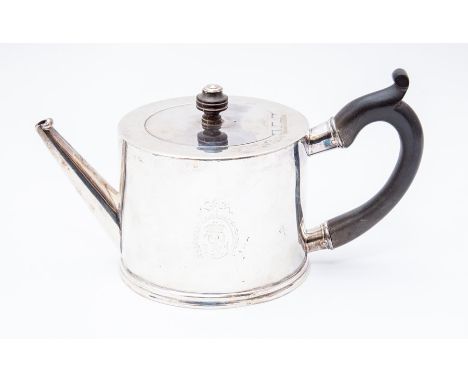 A George III Provincial silver drum silver teapot, cylindrical form with ebony handle and finial, the body engraved with init