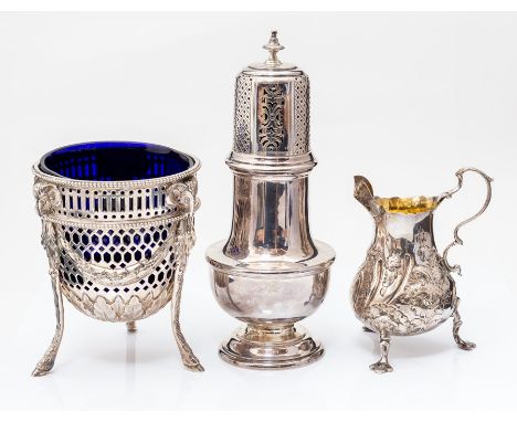 A Victorian Neo-Classical silver sugar basket, blue glass liner, Charles Stuart Harris, London, 1900, height 11 cm together w