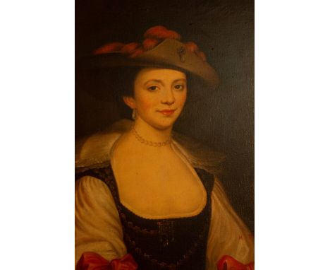 H..Palmer (British, 20th Century), portrait of a lady, half length in a black and white dress and feathered hat, signed l.r.,