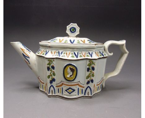 A Pearlware teapot and cover attributed to Mexbourough, underglaze colours with portrait plaques, circa 1800-1810, 24cm wide 