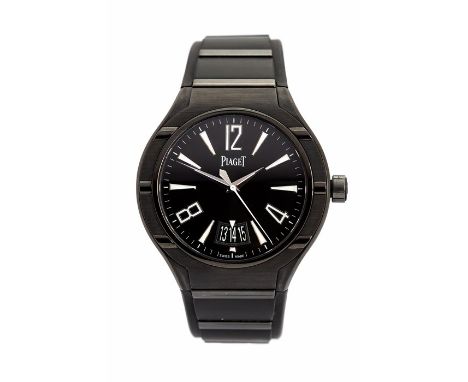 Piaget, a gent's titanium Piaget Polo Forty Five automatic wristwatch, 4cm black dial, with aperture at 6 o'clock, integral r