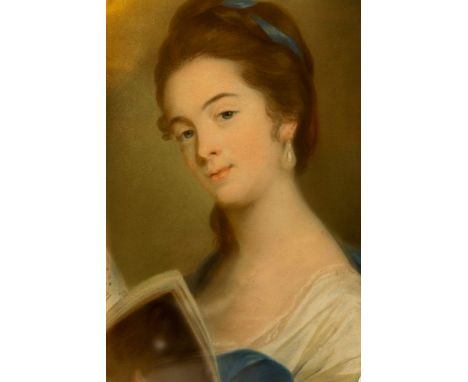 British School, 18th Century, portrait of a young lady, bust length wearing a blue dress and holding music, pastels, 46 by 35