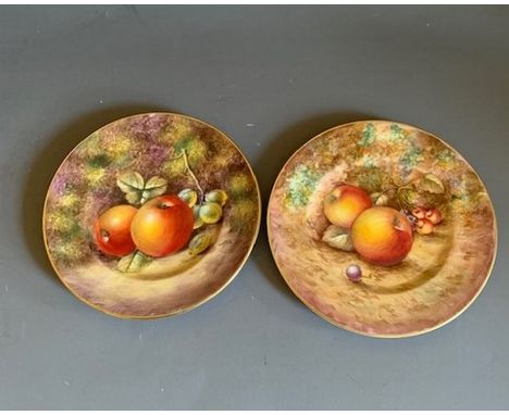 Two Royal Worcester small plates, painted with fruit, signed  P. English & J. Smith, 20th Century,  black mark England, 16cm 