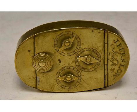 A George III brass pocket combination safe snuff box, engraved J. Purslow, Salop, height 8cm
