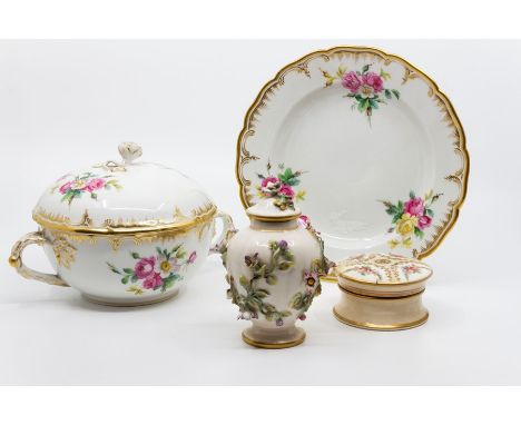 A KPM porcelain side plate with English floral bouquets and gilt border, a small soup tureen with English floral decoration i