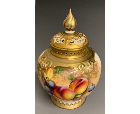 A Royal Worcester vase and cover, vase with a pierced gallery,  No. 278, signed Roberts, 20th Century black mark England, 15c