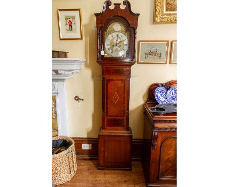 An 18th century oak and mahogany eight day&nbsp;longcase clock, silvered chapter dial, gilt spandrels,&nbsp;black Roman numer