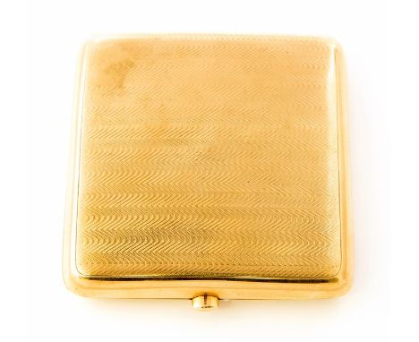 A 9ct gold cigarette case, engine turned detail, dimensions approx. 80mm x 85mm, bush button clasp, engraved motif to interio