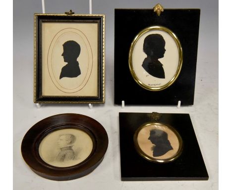 Three oval silhouette portrait miniatures, together with a circular pencil portrait of a young boy (4)