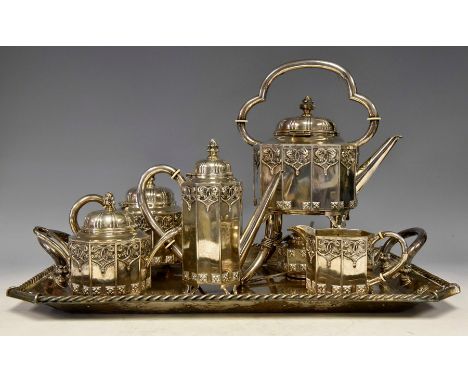 A Portuguese silver 0.833 standard six piece tea and coffee service including teapot, coffee pot, sugar box and cover, milk j